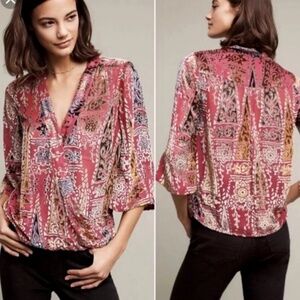Anthropologie Floreat Japonica Wrap Silk Blend Crushed Velvet Bell Sleeve Blouse